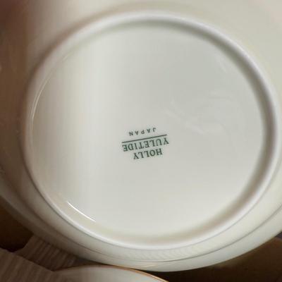 LOT 168K: Porcelain Ware 12 pc Christmas Dinner Set & Bowls w/ Gingerbread Platter & Wooden Coaster Set