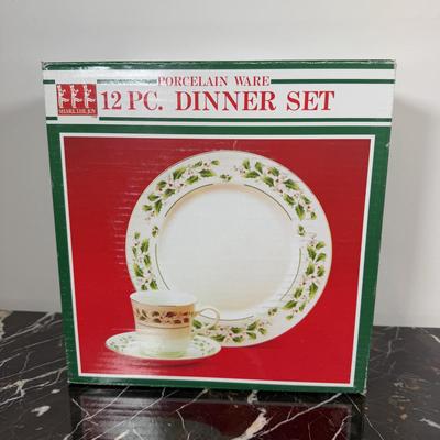 LOT 168K: Porcelain Ware 12 pc Christmas Dinner Set & Bowls w/ Gingerbread Platter & Wooden Coaster Set