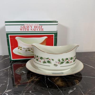 LOT 168K: Porcelain Ware 12 pc Christmas Dinner Set & Bowls w/ Gingerbread Platter & Wooden Coaster Set