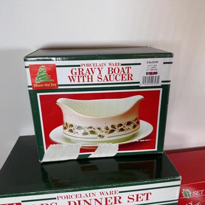LOT 168K: Porcelain Ware 12 pc Christmas Dinner Set & Bowls w/ Gingerbread Platter & Wooden Coaster Set