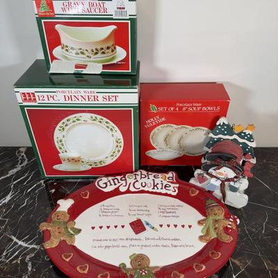 LOT 168K: Porcelain Ware 12 pc Christmas Dinner Set & Bowls w/ Gingerbread Platter & Wooden Coaster Set