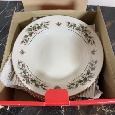 LOT 168K: Porcelain Ware 12 pc Christmas Dinner Set & Bowls w/ Gingerbread Platter & Wooden Coaster Set