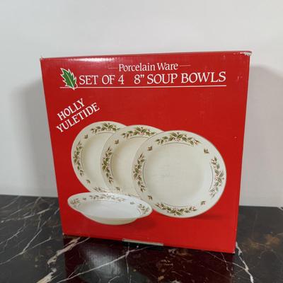 LOT 168K: Porcelain Ware 12 pc Christmas Dinner Set & Bowls w/ Gingerbread Platter & Wooden Coaster Set