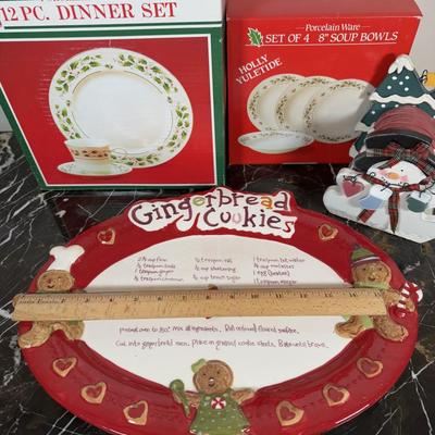 LOT 168K: Porcelain Ware 12 pc Christmas Dinner Set & Bowls w/ Gingerbread Platter & Wooden Coaster Set