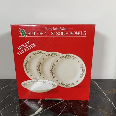 LOT 169D: Porcelain Ware 12 pc Christmas Dinner Set & Bowls w/ Holly Yuletide Serving Utensils & More