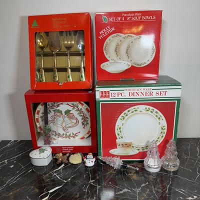LOT 169D: Porcelain Ware 12 pc Christmas Dinner Set & Bowls w/ Holly Yuletide Serving Utensils & More