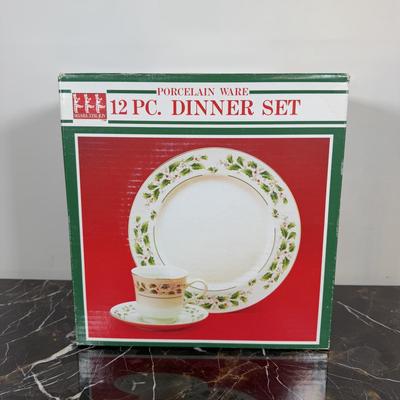 LOT 169D: Porcelain Ware 12 pc Christmas Dinner Set & Bowls w/ Holly Yuletide Serving Utensils & More