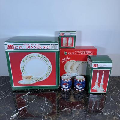 LOT 170D: Porcelain Ware 12 pc Christmas Dinner Set, Bowls, Candlesticks
