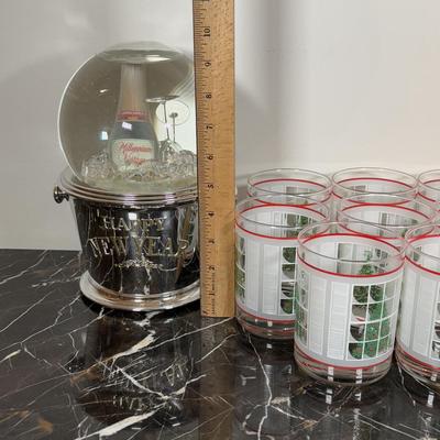 LOT 171K: Mr. Christmas Happy New Year Champagne Bucket Snow Globe & Christmas Tree Rocks Glasses