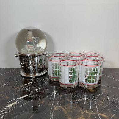 LOT 171K: Mr. Christmas Happy New Year Champagne Bucket Snow Globe & Christmas Tree Rocks Glasses