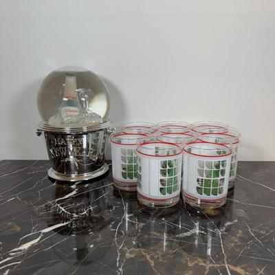 LOT 171K: Mr. Christmas Happy New Year Champagne Bucket Snow Globe & Christmas Tree Rocks Glasses