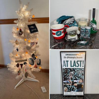 LOT 174D: Eagles Christmas Collection - White 42” Tree w/ Football Or aments, Snowglobe, Santa Hat & More