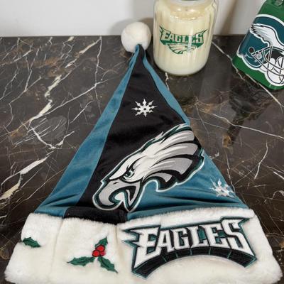 LOT 174D: Eagles Christmas Collection - White 42” Tree w/ Football Or aments, Snowglobe, Santa Hat & More