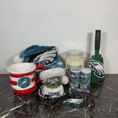 LOT 174D: Eagles Christmas Collection - White 42” Tree w/ Football Or aments, Snowglobe, Santa Hat & More