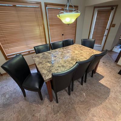 LOT 176K: Modern Marble Top Dining Table w/ Eight Faux Leather Chairs
