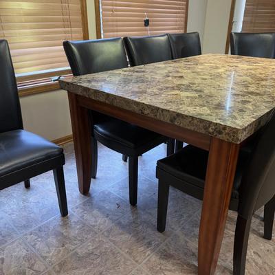 LOT 176K: Modern Marble Top Dining Table w/ Eight Faux Leather Chairs