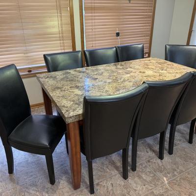 LOT 176K: Modern Marble Top Dining Table w/ Eight Faux Leather Chairs