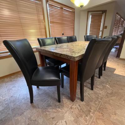 LOT 176K: Modern Marble Top Dining Table w/ Eight Faux Leather Chairs