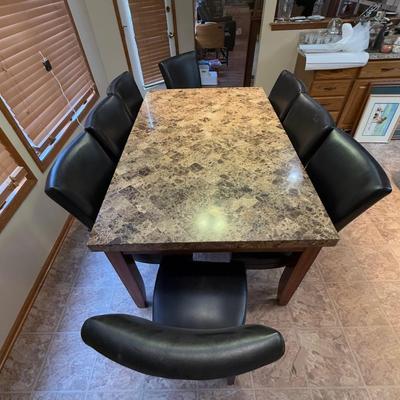 LOT 176K: Modern Marble Top Dining Table w/ Eight Faux Leather Chairs