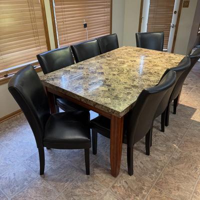 LOT 176K: Modern Marble Top Dining Table w/ Eight Faux Leather Chairs