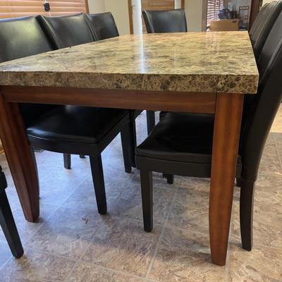 LOT 176K: Modern Marble Top Dining Table w/ Eight Faux Leather Chairs