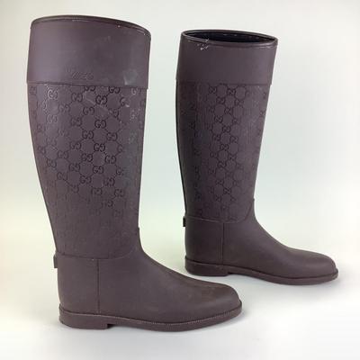 102 GUCCI Dark Brown Rubber Wellington Style Rain Boots Size 40