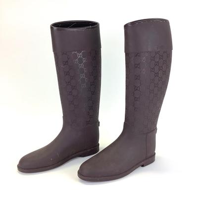 102 GUCCI Dark Brown Rubber Wellington Style Rain Boots Size 40