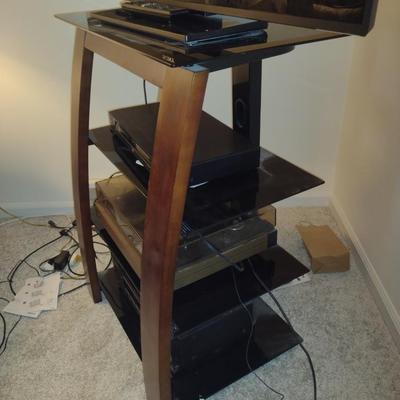 Wood Frame Media Stand with Glass Shelves- Approx 27" x 15" x 36" Tall