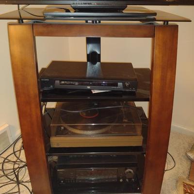 Wood Frame Media Stand with Glass Shelves- Approx 27" x 15" x 36" Tall