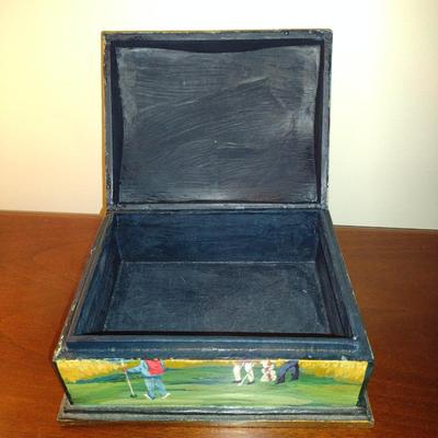 Golf Theme Wooden Storage Box- Approx 7" x 5 3/4" x 4" Tall