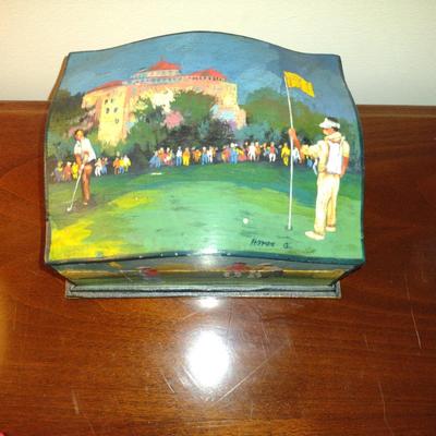 Golf Theme Wooden Storage Box- Approx 7" x 5 3/4" x 4" Tall