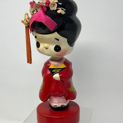 Vintage Japanese Girl Bobblehead & Shimekazan Wall Hanging