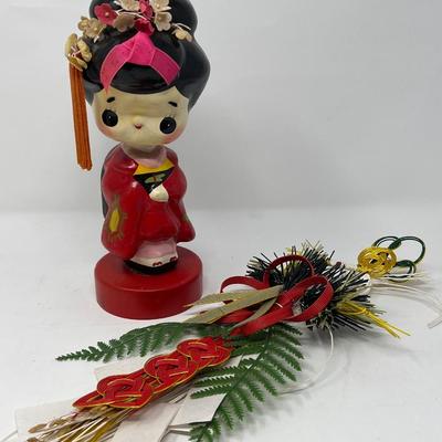 Vintage Japanese Girl Bobblehead & Shimekazan Wall Hanging