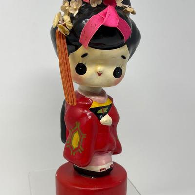 Vintage Japanese Girl Bobblehead & Shimekazan Wall Hanging