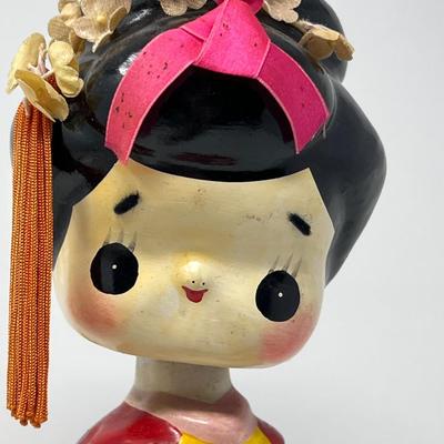 Vintage Japanese Girl Bobblehead & Shimekazan Wall Hanging