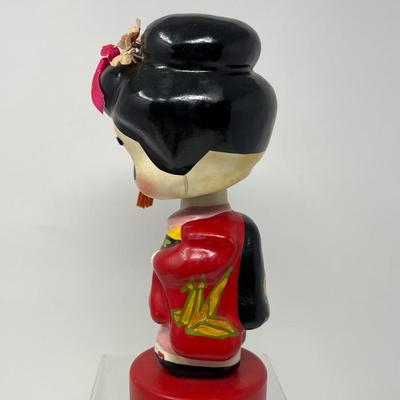 Vintage Japanese Girl Bobblehead & Shimekazan Wall Hanging