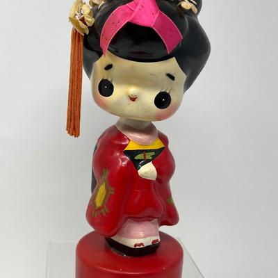 Vintage Japanese Girl Bobblehead & Shimekazan Wall Hanging