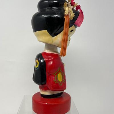 Vintage Japanese Girl Bobblehead & Shimekazan Wall Hanging