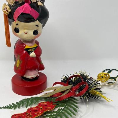 Vintage Japanese Girl Bobblehead & Shimekazan Wall Hanging