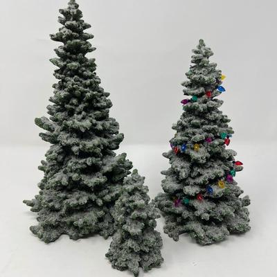 Three Resin Snow Dusted Village Spruce Trees
