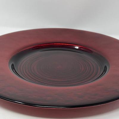 Red Glass Large Platter, Snack Bowl & Etched Red Glass Vase