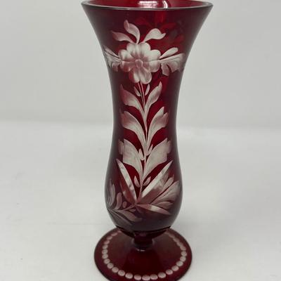 Red Glass Large Platter, Snack Bowl & Etched Red Glass Vase