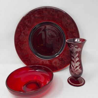 Red Glass Large Platter, Snack Bowl & Etched Red Glass Vase