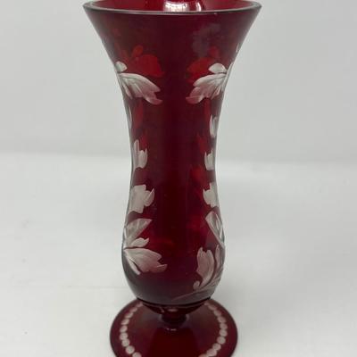 Red Glass Large Platter, Snack Bowl & Etched Red Glass Vase