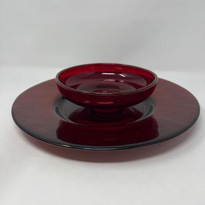 Red Glass Large Platter, Snack Bowl & Etched Red Glass Vase