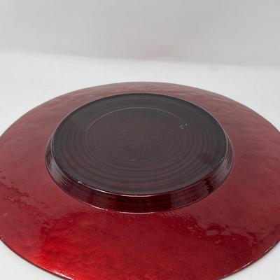 Red Glass Large Platter, Snack Bowl & Etched Red Glass Vase