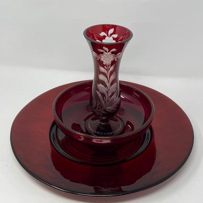 Red Glass Large Platter, Snack Bowl & Etched Red Glass Vase