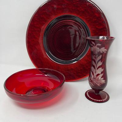 Red Glass Large Platter, Snack Bowl & Etched Red Glass Vase