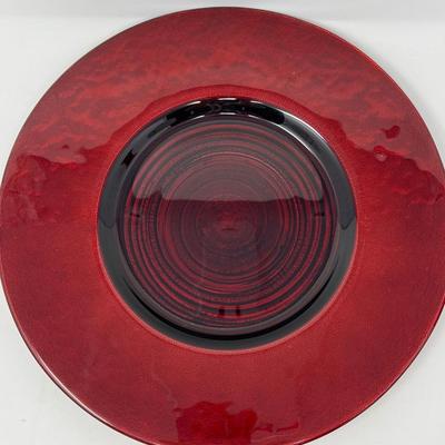 Red Glass Large Platter, Snack Bowl & Etched Red Glass Vase
