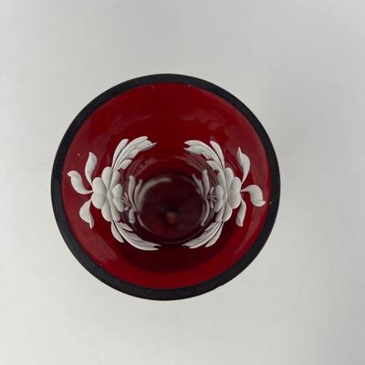 Red Glass Large Platter, Snack Bowl & Etched Red Glass Vase